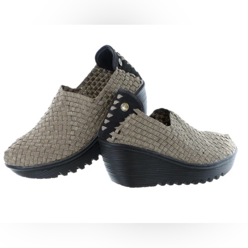 Bernie Mev. handwoven silver sparkle elasticized upper cushioned platform shoes.